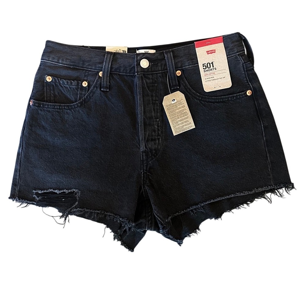 Levis 501 Black High Rise Denim Shorts With Raw Hem Women's 26 - Picture 2 of 5